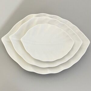 Set of 3 Crate and Barrel white leaf shaped‎ serving plates ceramic
